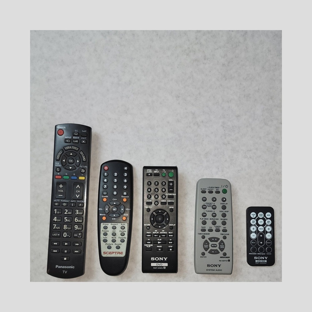 Lot of 5‎ TV DVD Remote Controls Sony Panasonic Sceptre